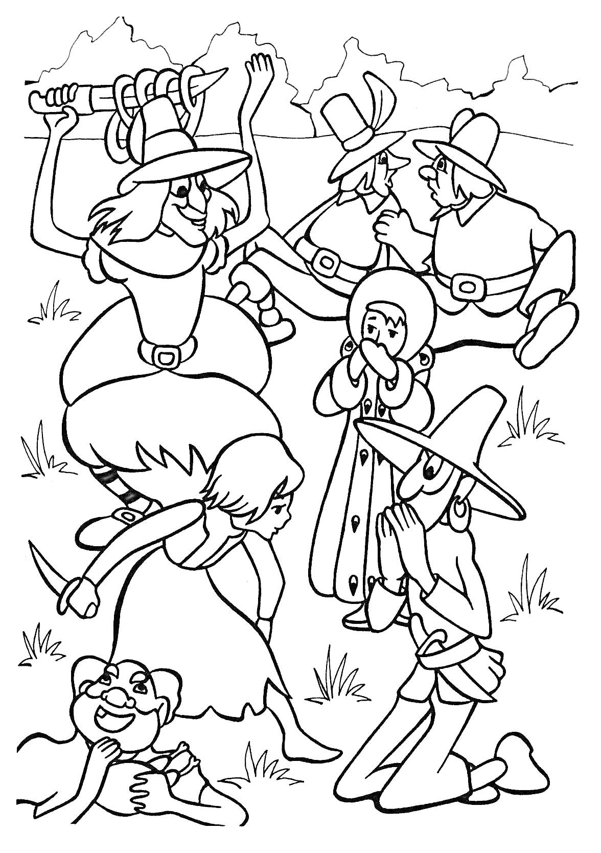 Группа людей в костюмах сражается со шпагами на лугу, мужчина с пистолетами, шляпы с перьями