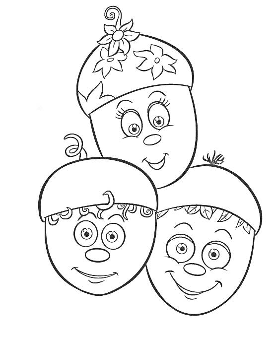 Раскраска Три персонажа с головными уборами в виде желудей