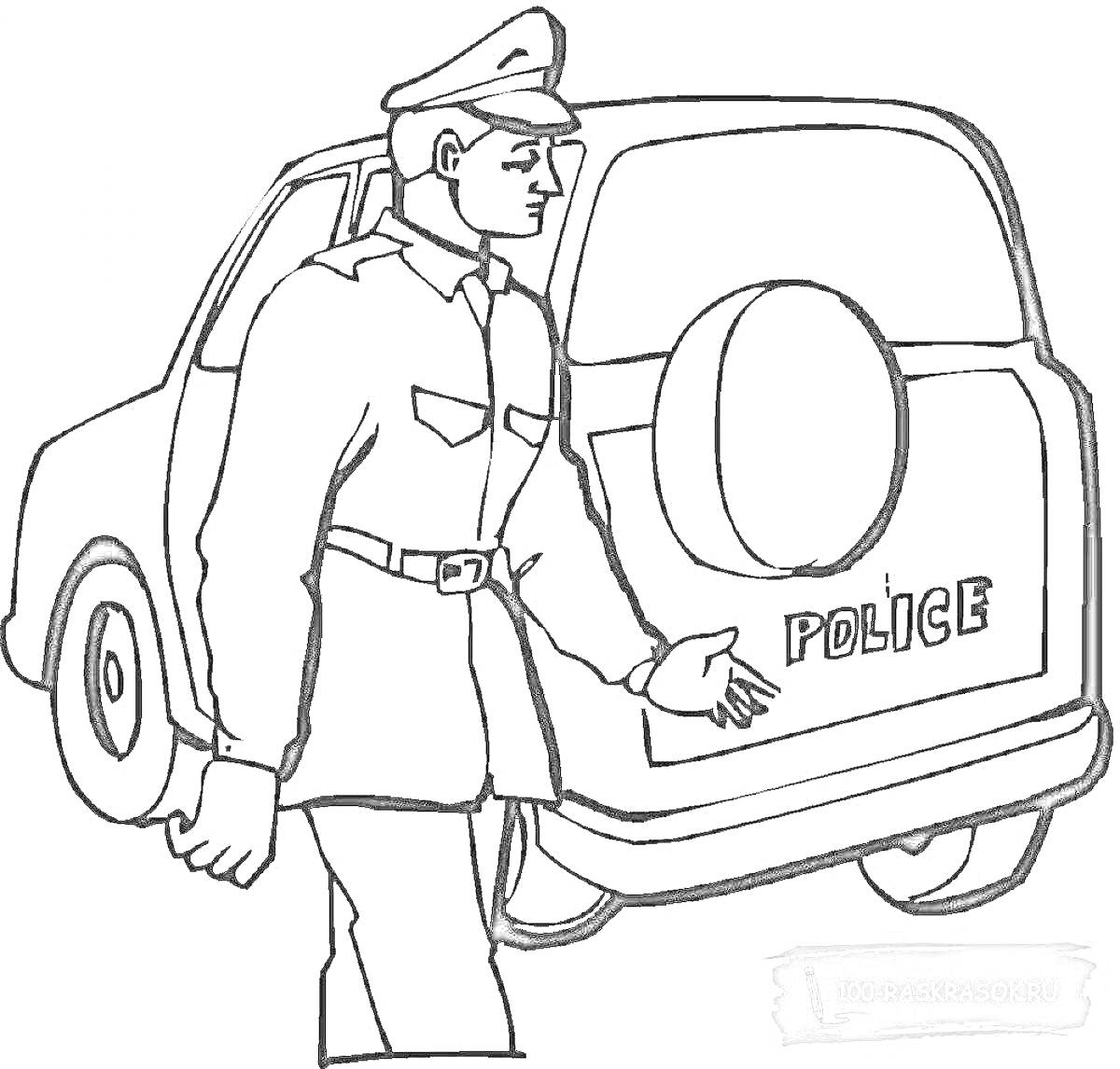 На раскраске изображено: Участковый, Полицейская машина, Форма, Патруль, Безопасность, Служба