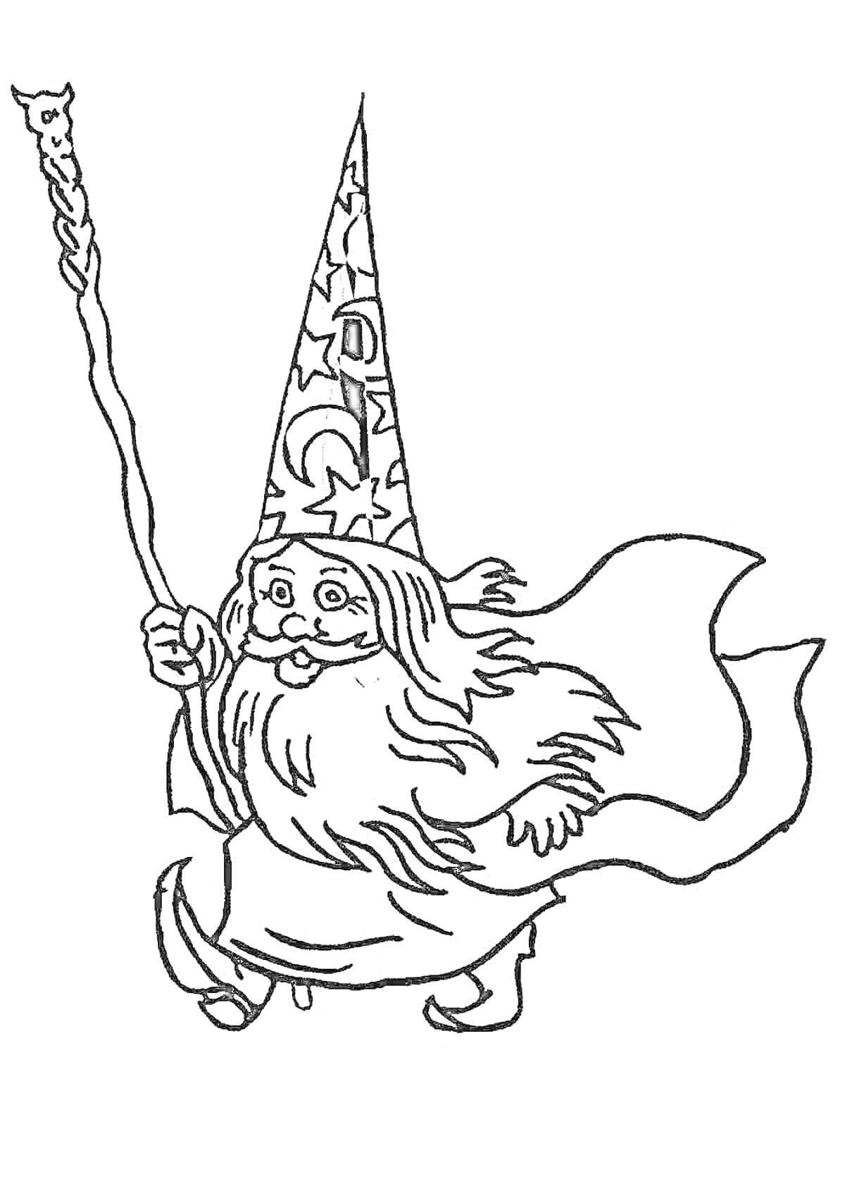 Раскраска Волшебник с бородой и посохом, в плаще и шляпе с узорами