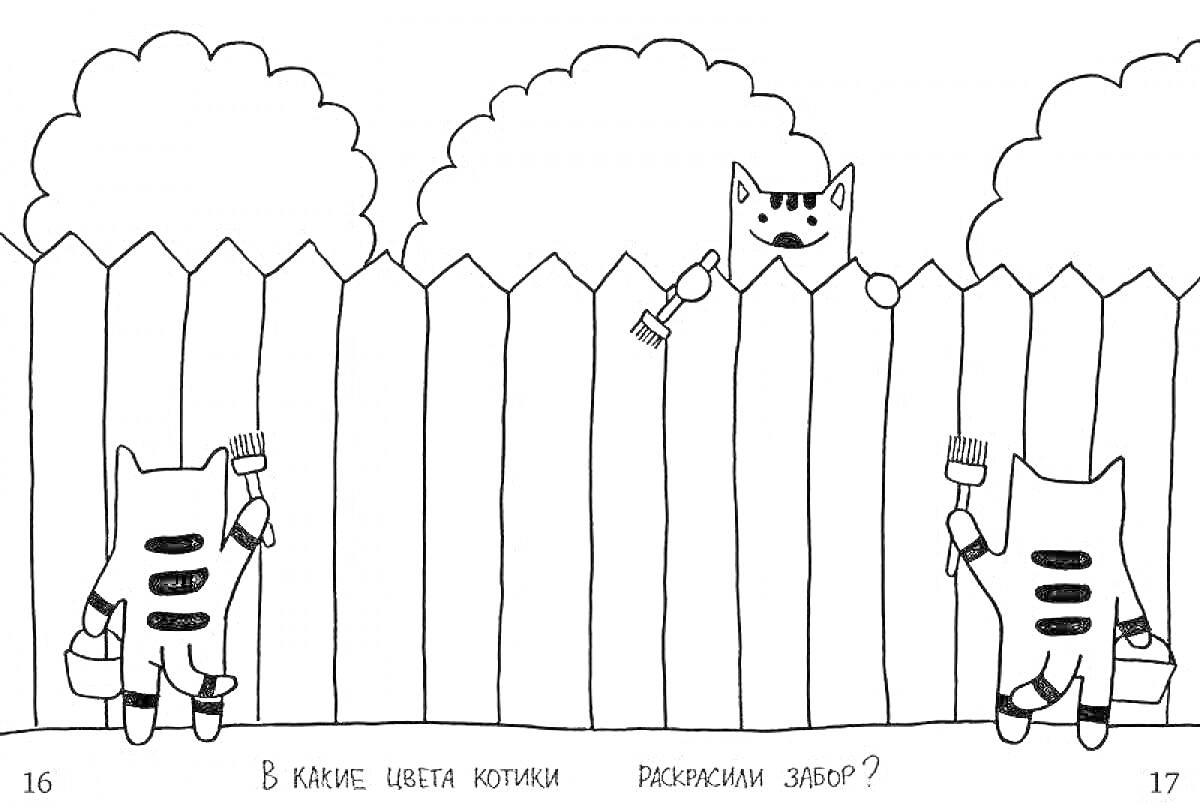 Раскраска Кошки красят забор на фоне облаков