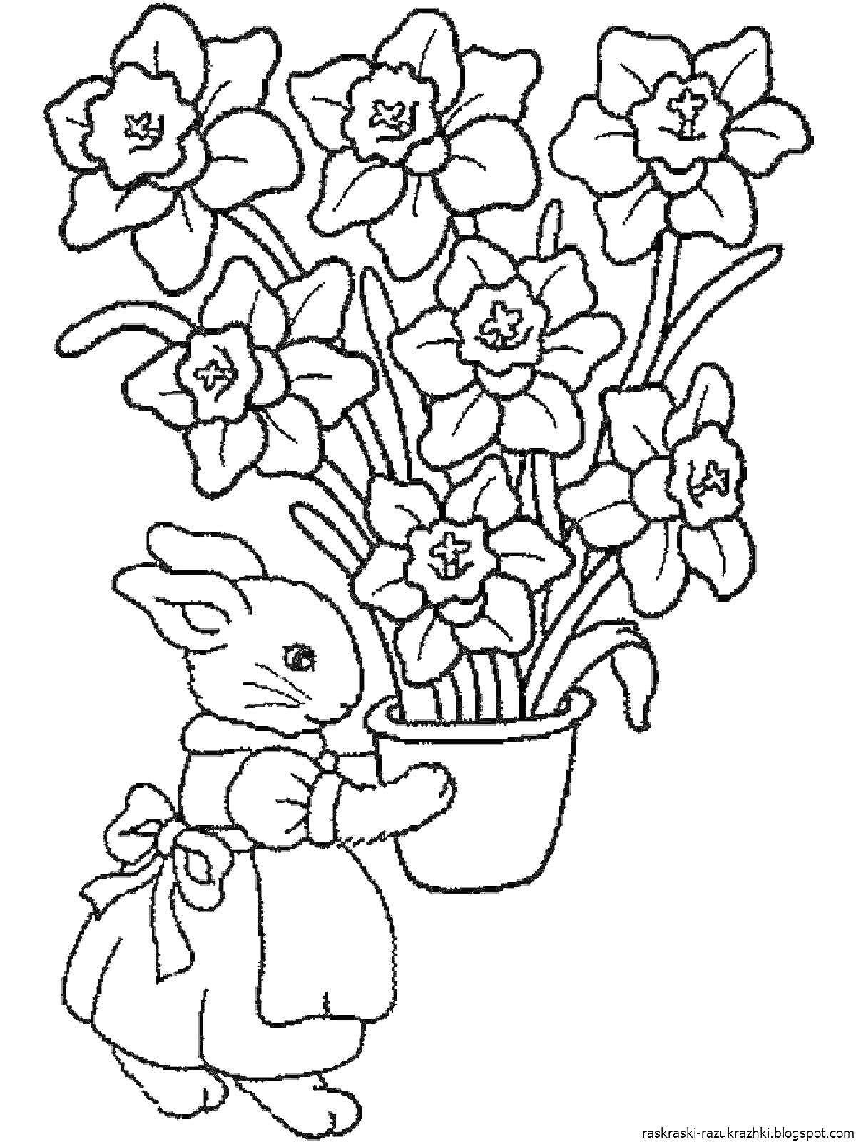 На раскраске изображено: Цветы, Нарциссы, Кролик, Весна, Природа, Для детей, Растения, Горшки