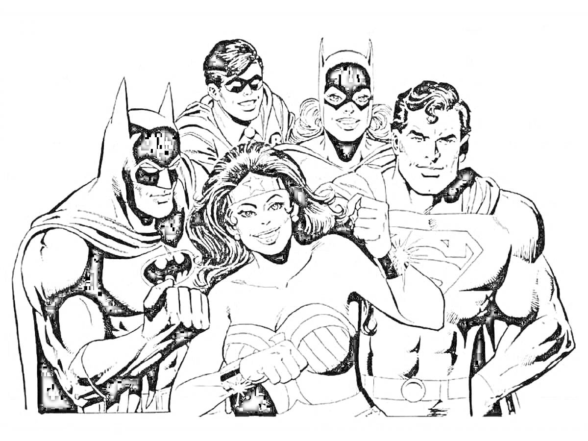 На раскраске изображено: DC, Бэтмен, Чудо-женщина, Супермен, Супергерои, Комиксы