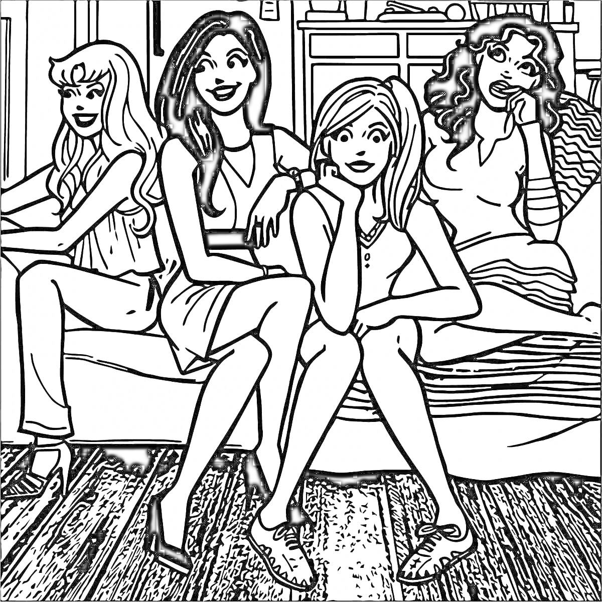 Раскраска Девушки, сидящие на диване в комнате с деревянным полом и мебелью на заднем плане