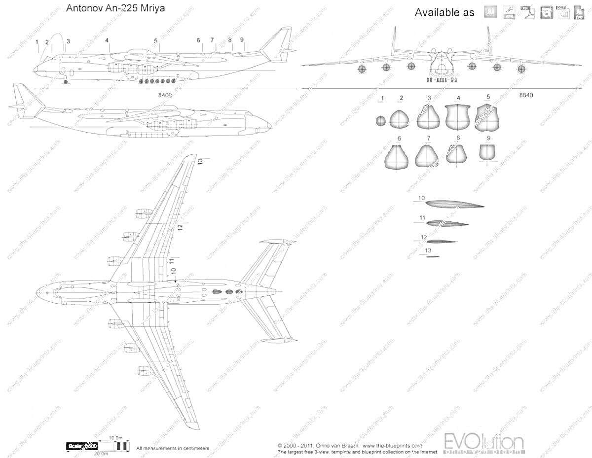 На раскраске изображено: Ан-225, Мрия, Авиация, Схема, Детали