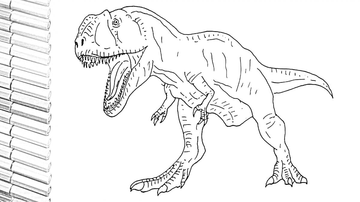 На раскраске изображено: Динозавр, Карандаши, Открытая пасть