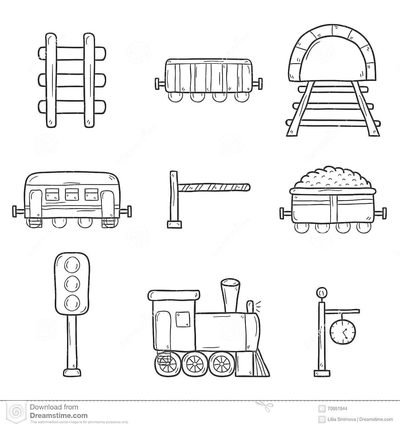 Раскраска Железнодорожный переезд с элементами рельс, грузового вагона, тоннеля, пассажирского вагона, шлагбаума, вагонетки с углем, светофора, паровоза и железнодорожных часов