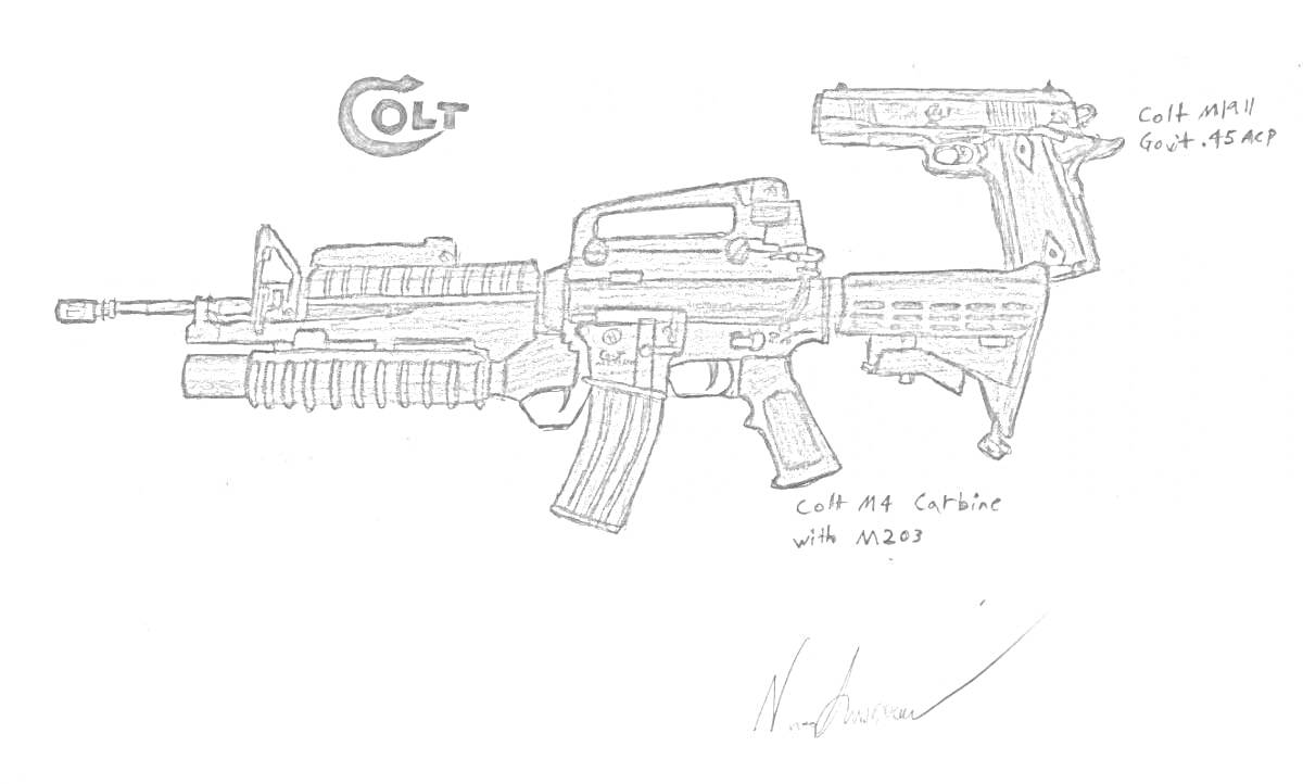 Раскраска Штурмовая винтовка M416 с подствольным гранатометом, накладным прицелом и тактическим прикладом