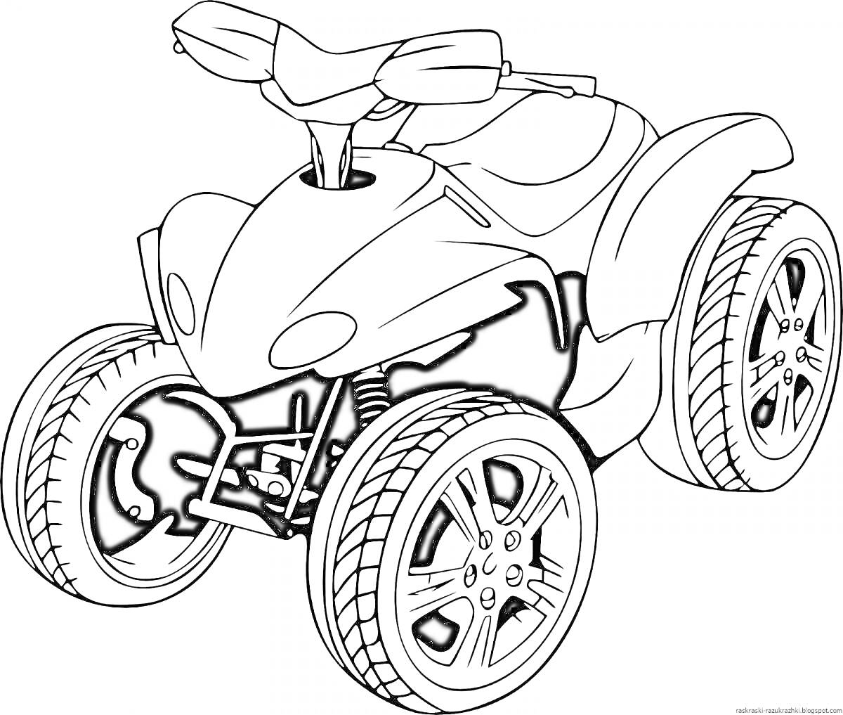 На раскраске изображено: Квадроцикл, Большие колеса, Руль, Транспорт, Для мальчиков, Внедорожник