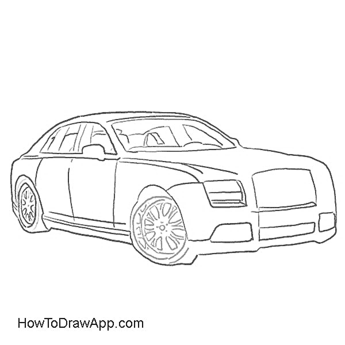 Раскраска Контур автомобиля Rolls-Royce с выделенными передними и задними колесами