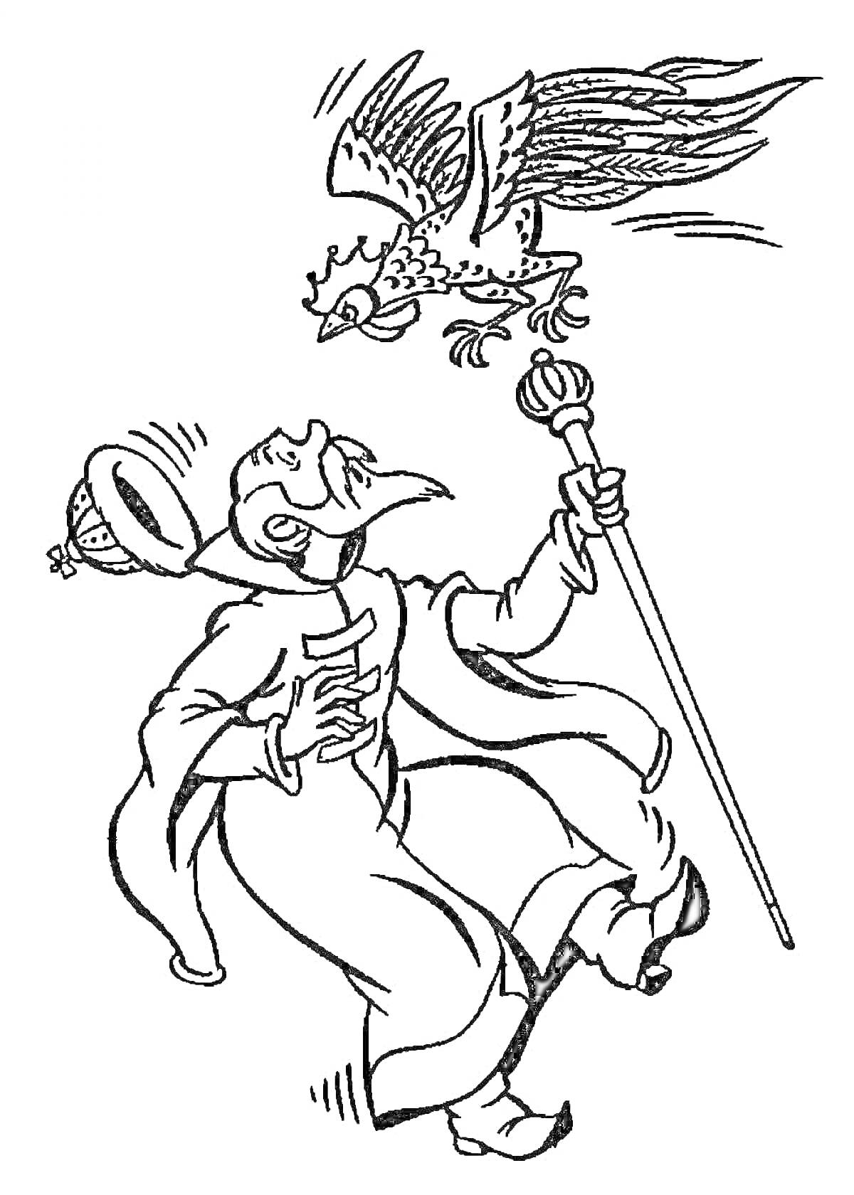 На раскраске изображено: Пушкин, Золотой петушок, Старик, Птица, Иллюстрация