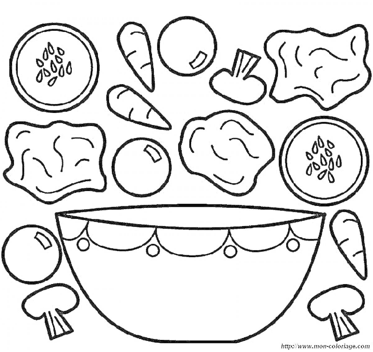 На раскраске изображено: Салат, Овощи, Болгарский перец, Грибы, Миска, Морковь, Огурец