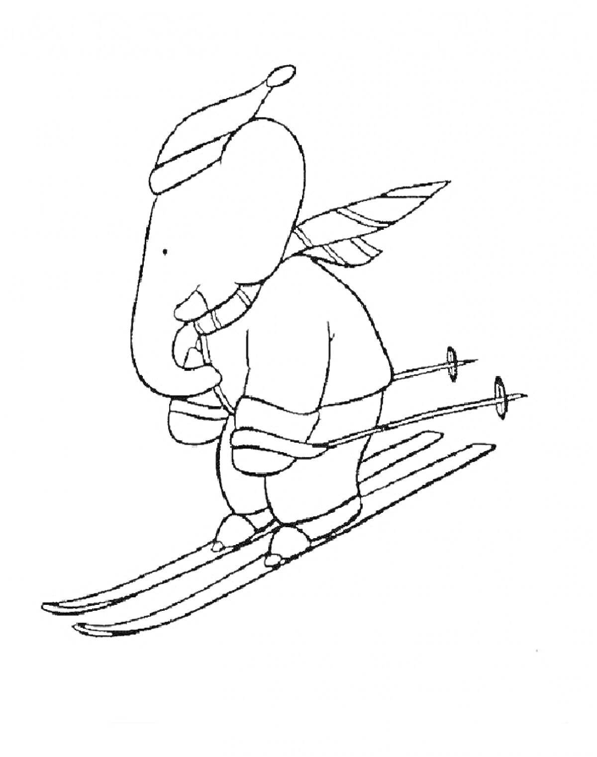 На раскраске изображено: Лыжи, Слон, Шапка, Шарф, Зима, Спорт, Снег, Лыжные палки