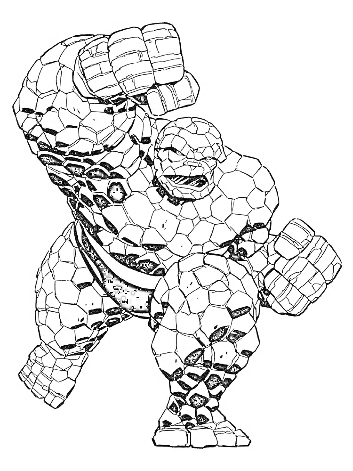 Раскраска Раскраска с персонажем вселенной Марвел в виде каменного человека, в боевой позе с поднятым кулаком и сжатыми руками