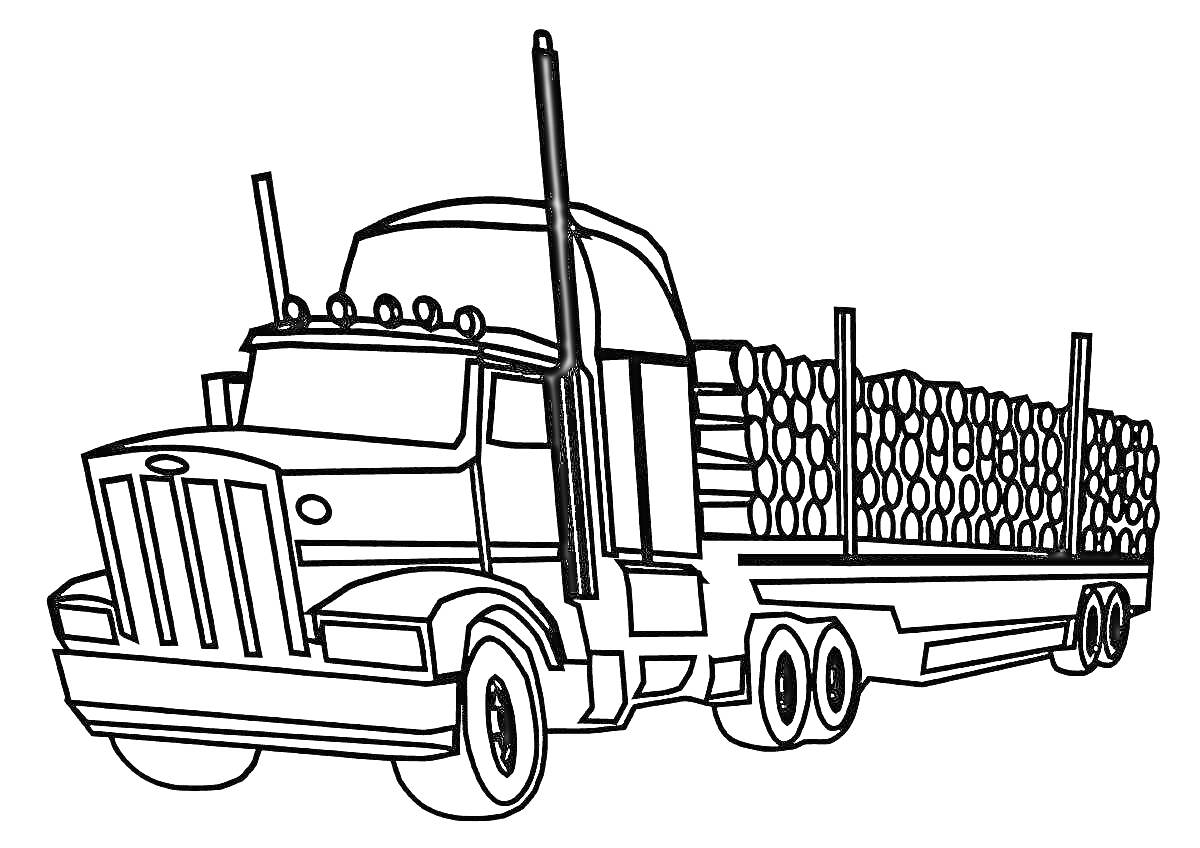 Раскраска Лесовоз, грузовик с лесом, длинномер с бревнами