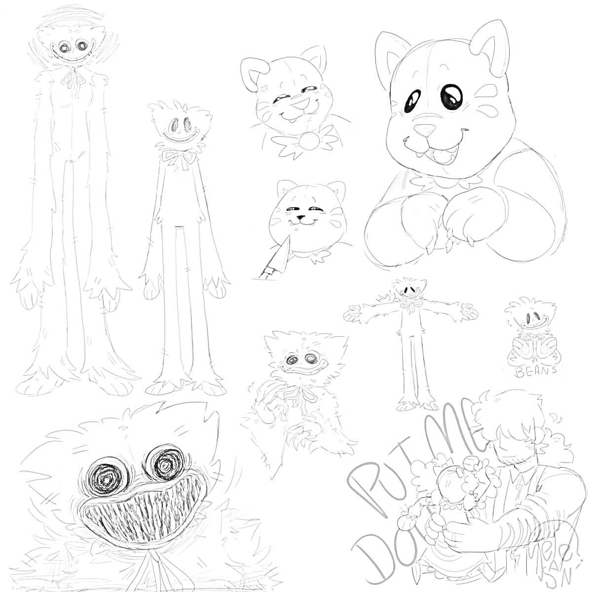 Персонажи из Poppy Playtime: Huggy Wuggy, кошка, медведь и надпись 
