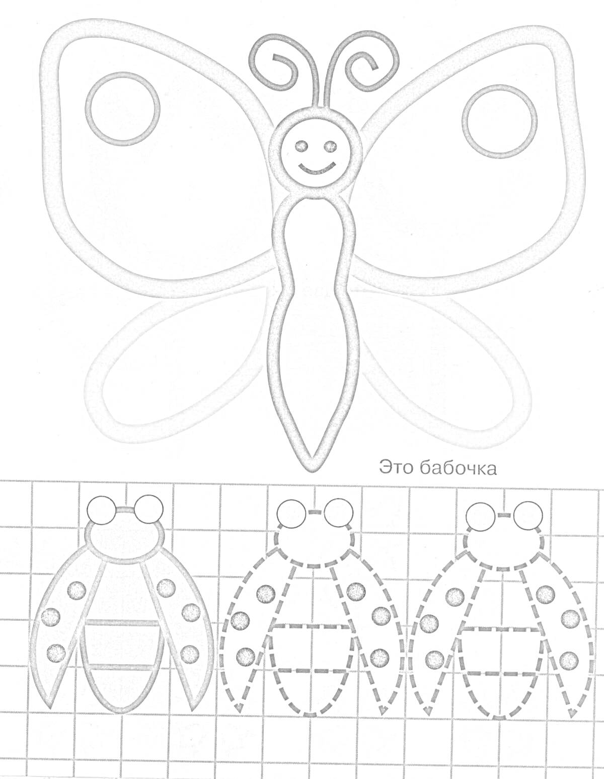 Раскраска Обведенная цветная бабочка с инструкцией рисования на сетке
