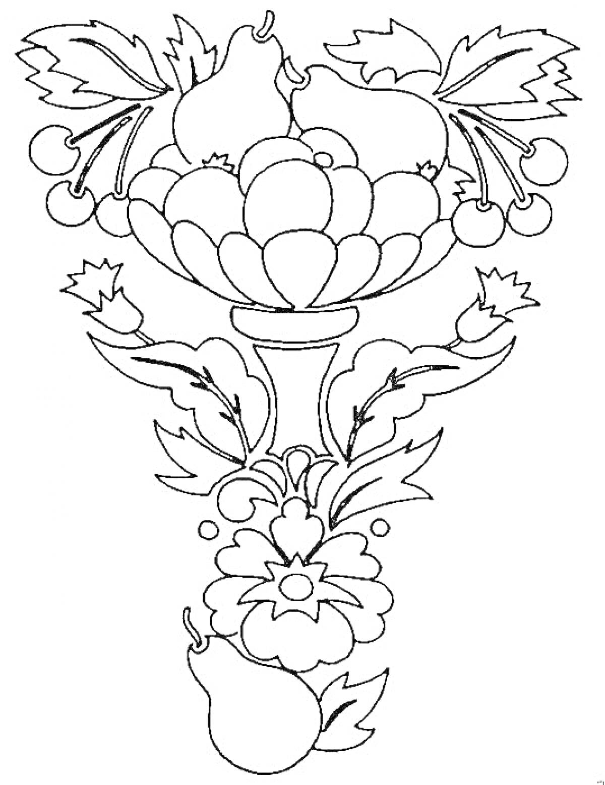 Раскраска Ваза с фруктами и цветами (груши, яблоки, вишни)