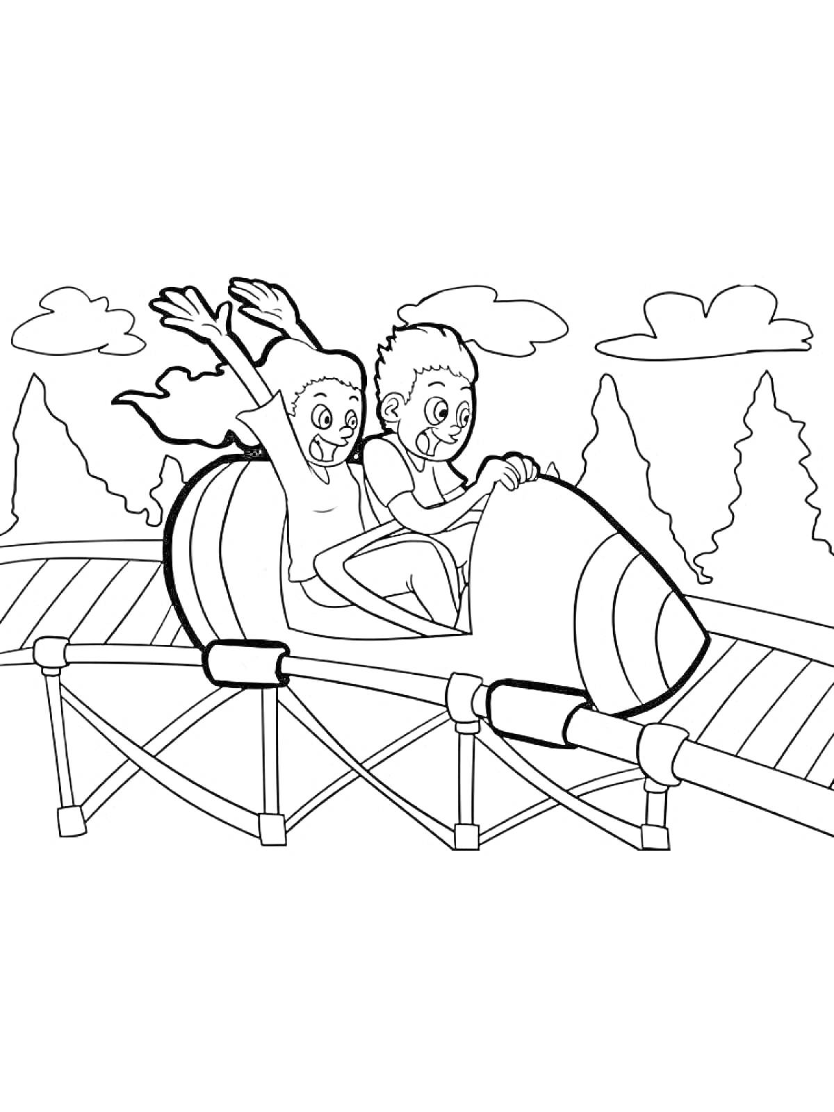 Раскраска Американские горки с двумя веселящимися людьми в вагончике, деревья на заднем плане и небо с облаками