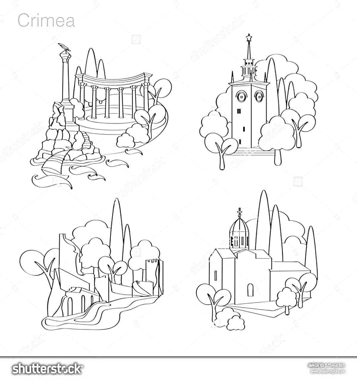 На раскраске изображено: Крым, Достопримечательности, Колоннада, Часы, Руины, Церковь, Деревья