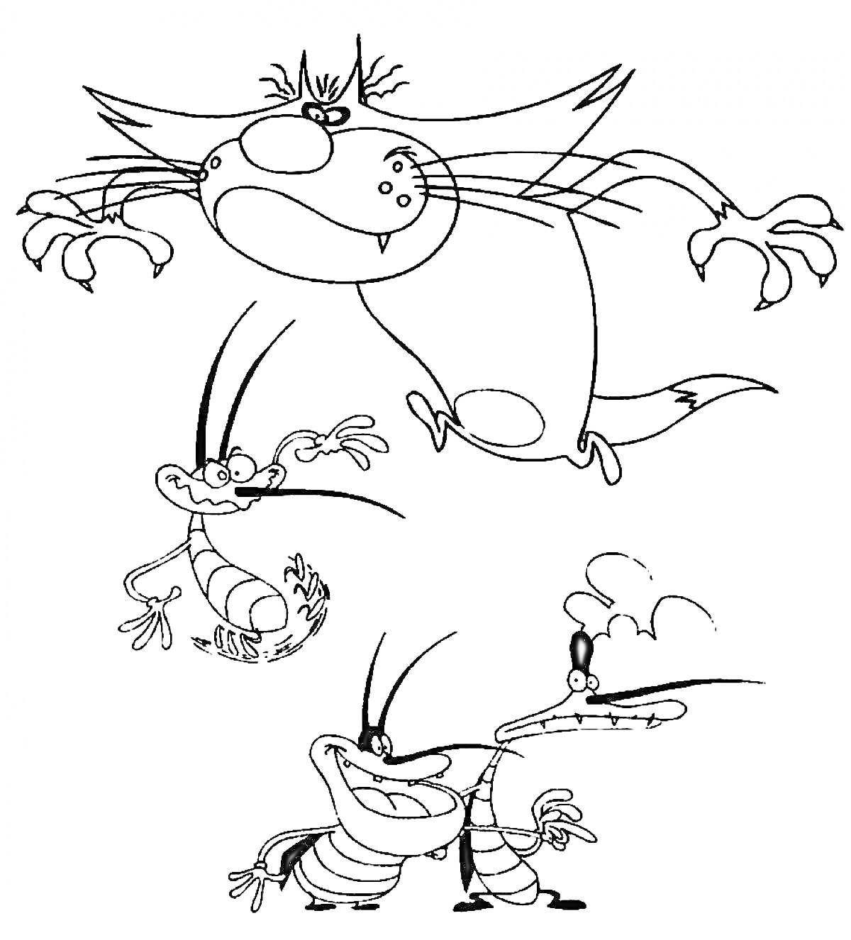 Раскраска Огги и тараканы с тремя тараканами: Огги в прыжке, улыбающийся Марки с поднятыми руками, Диди с поднятыми руками и задумчивый Джои