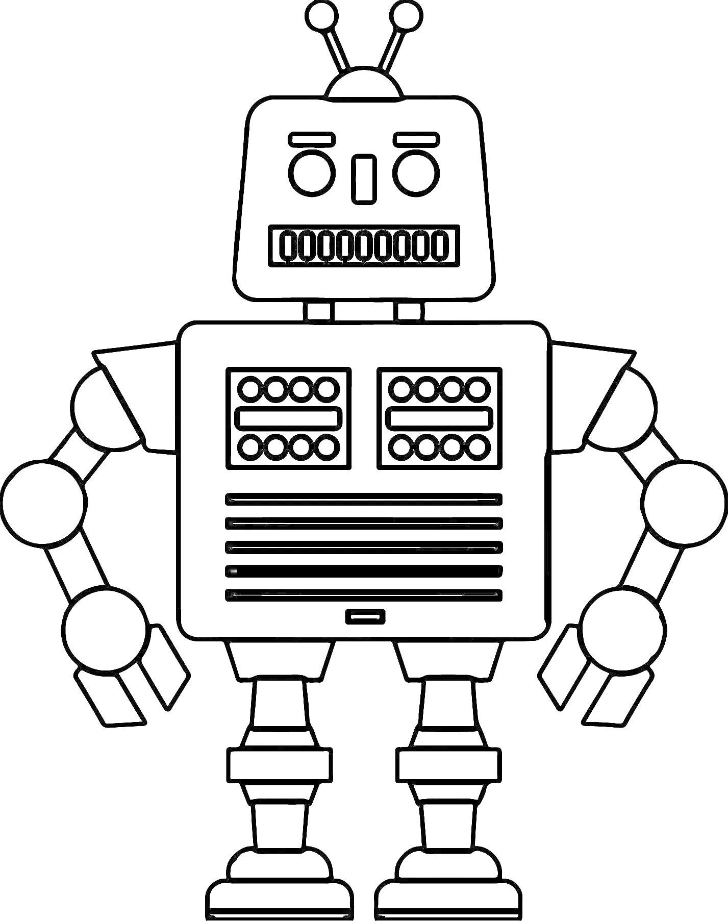 Раскраска Робот с антеннами, двумя круглыми глазами, зубчатым ртом, цилиндрическими руками и ногами