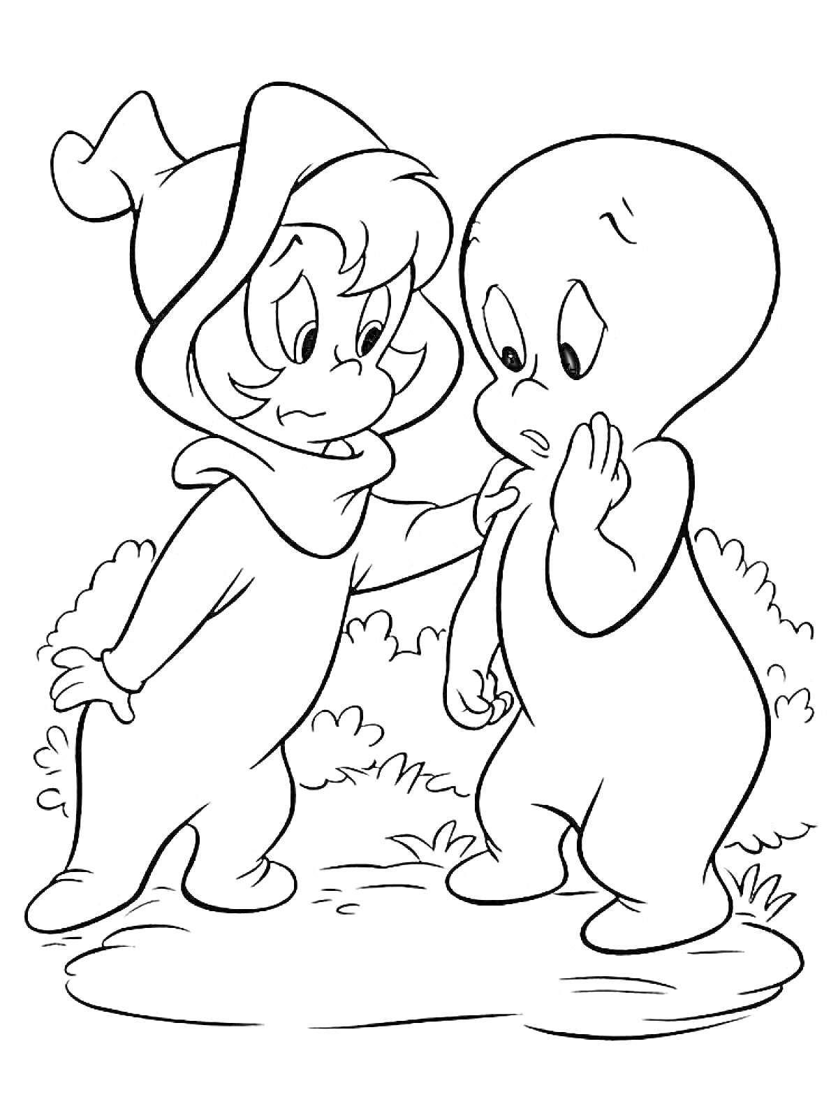 Раскраска Два привидения в лесу, Каспер и его друг в капюшоне