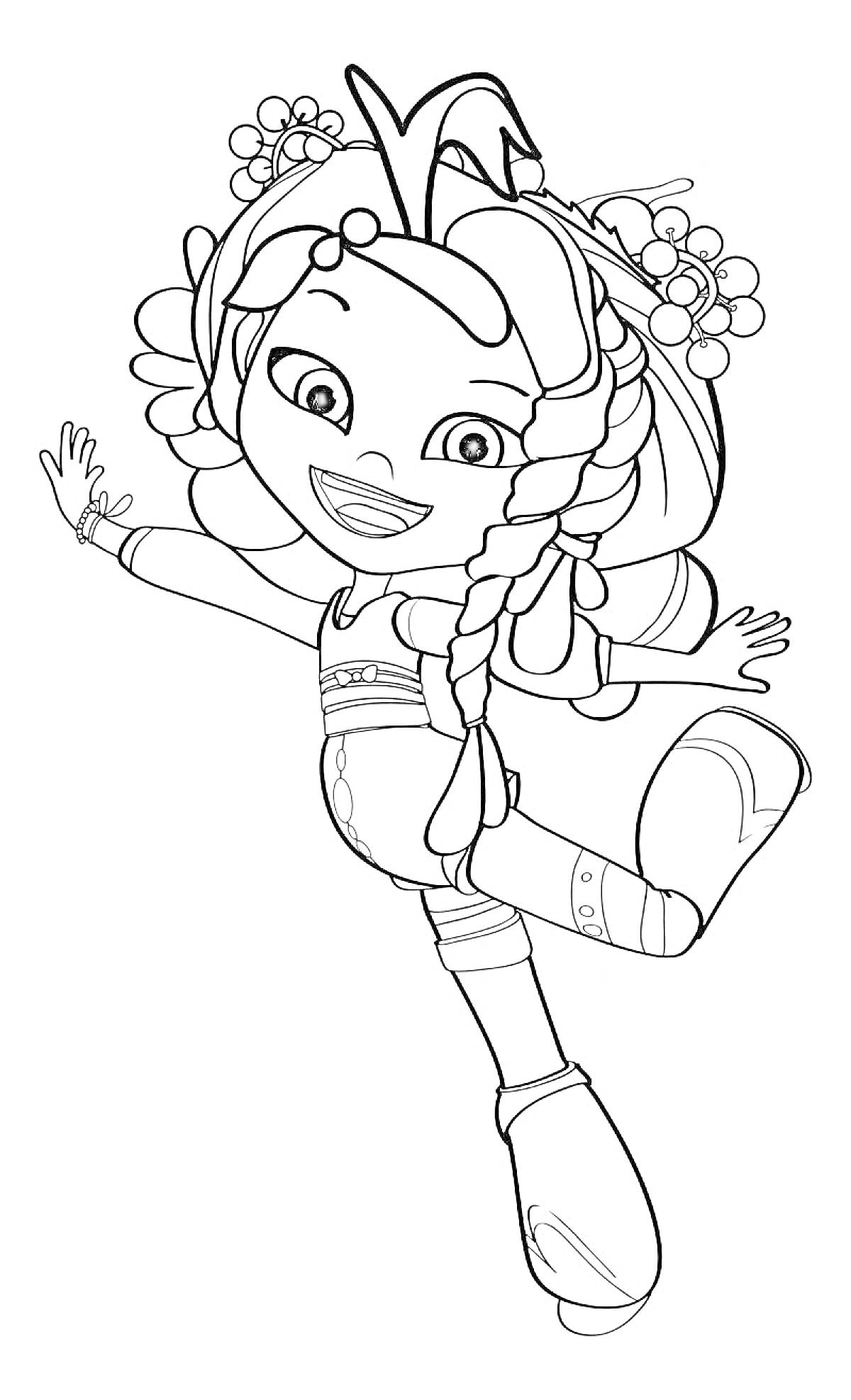 Раскраска Девочка с косичками, цветами в волосах и большим бантом в прыжке