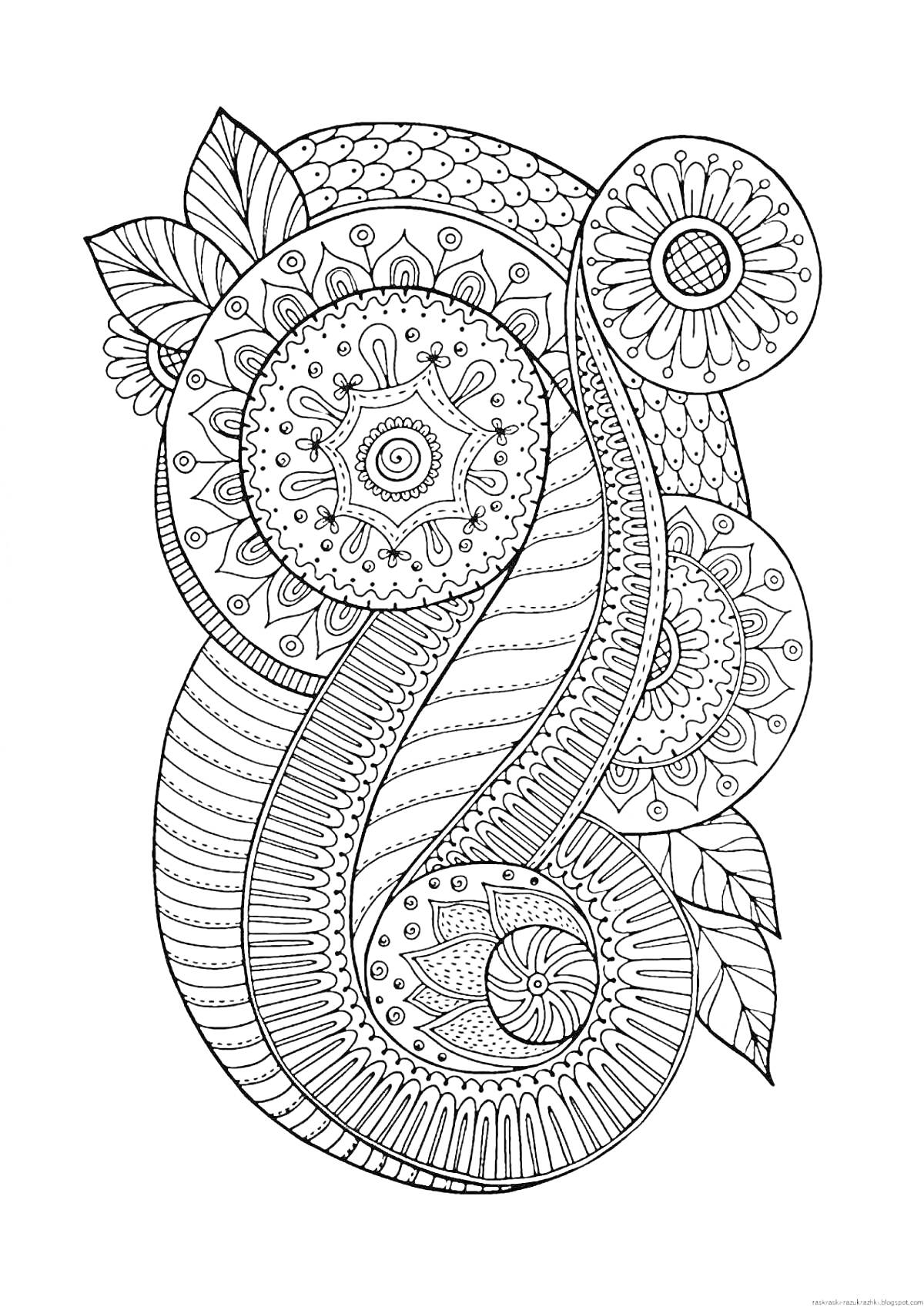 Раскраска Абстрактный узор с листьями и круглыми цветочными элементами