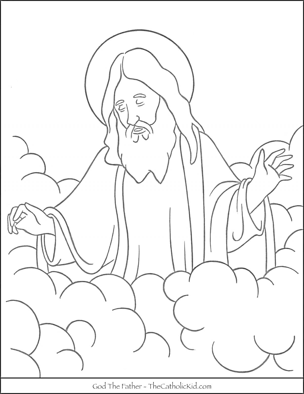 Раскраска Бог Отец среди облаков, с нимбом и поднятыми руками