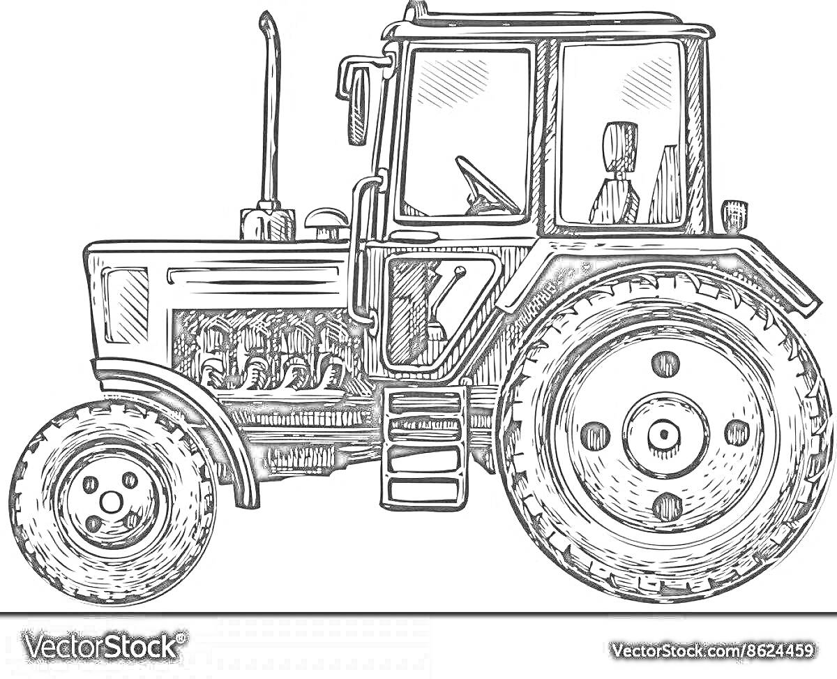 Раскраска Трактор МТЗ 82 с кабиной, четырьмя колесами, моторным отсеком и лестницей