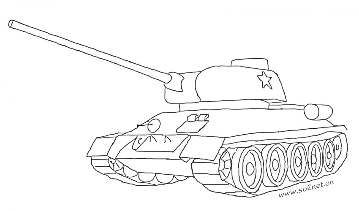 На раскраске изображено: Танк, Т-34, Орудие, Колеса, Бронетехника, Военная техника, Башни, Звезды