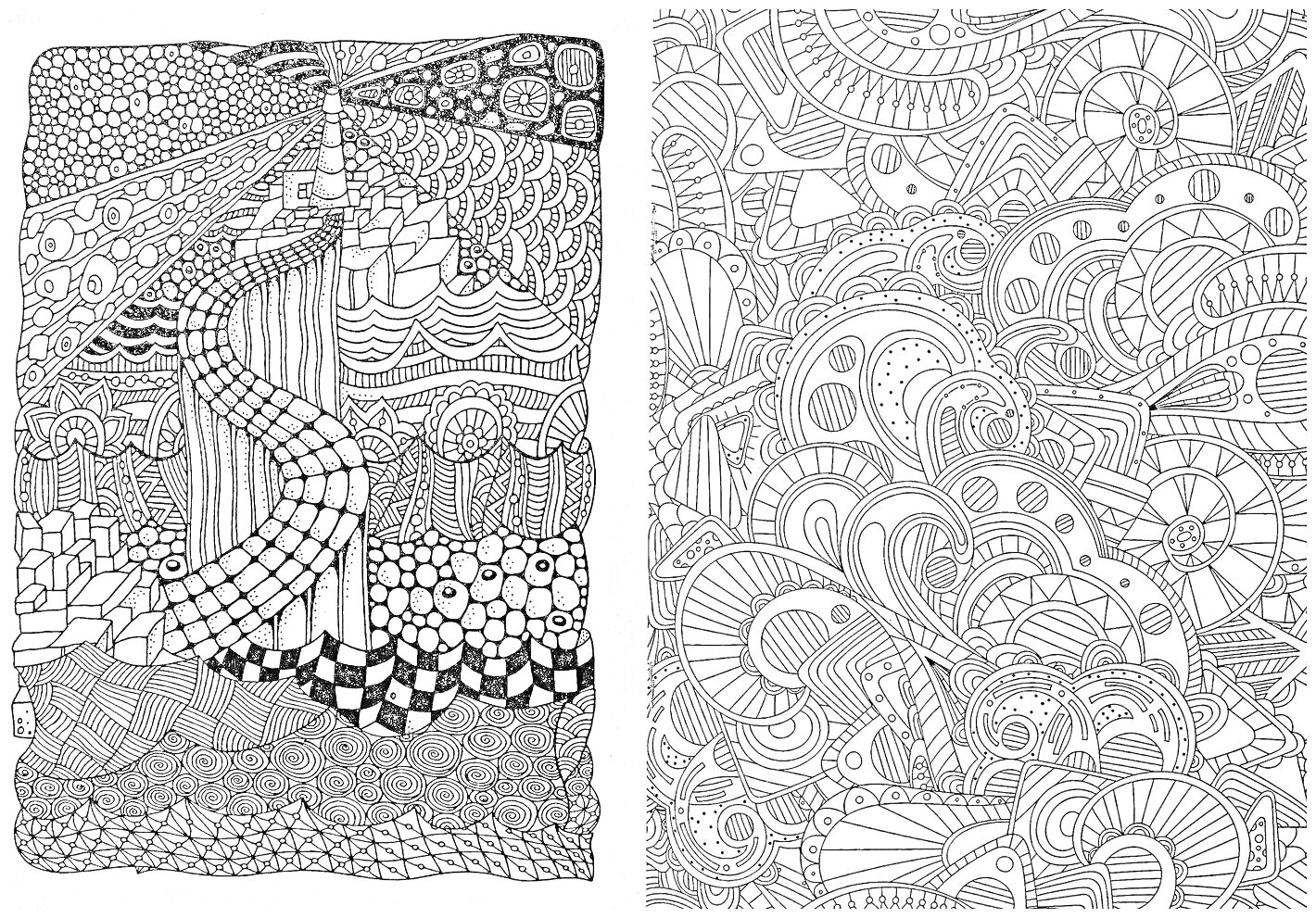 Лабиринт антистресс с причудливыми узорами, абстрактными фигурами и волнообразными линиями