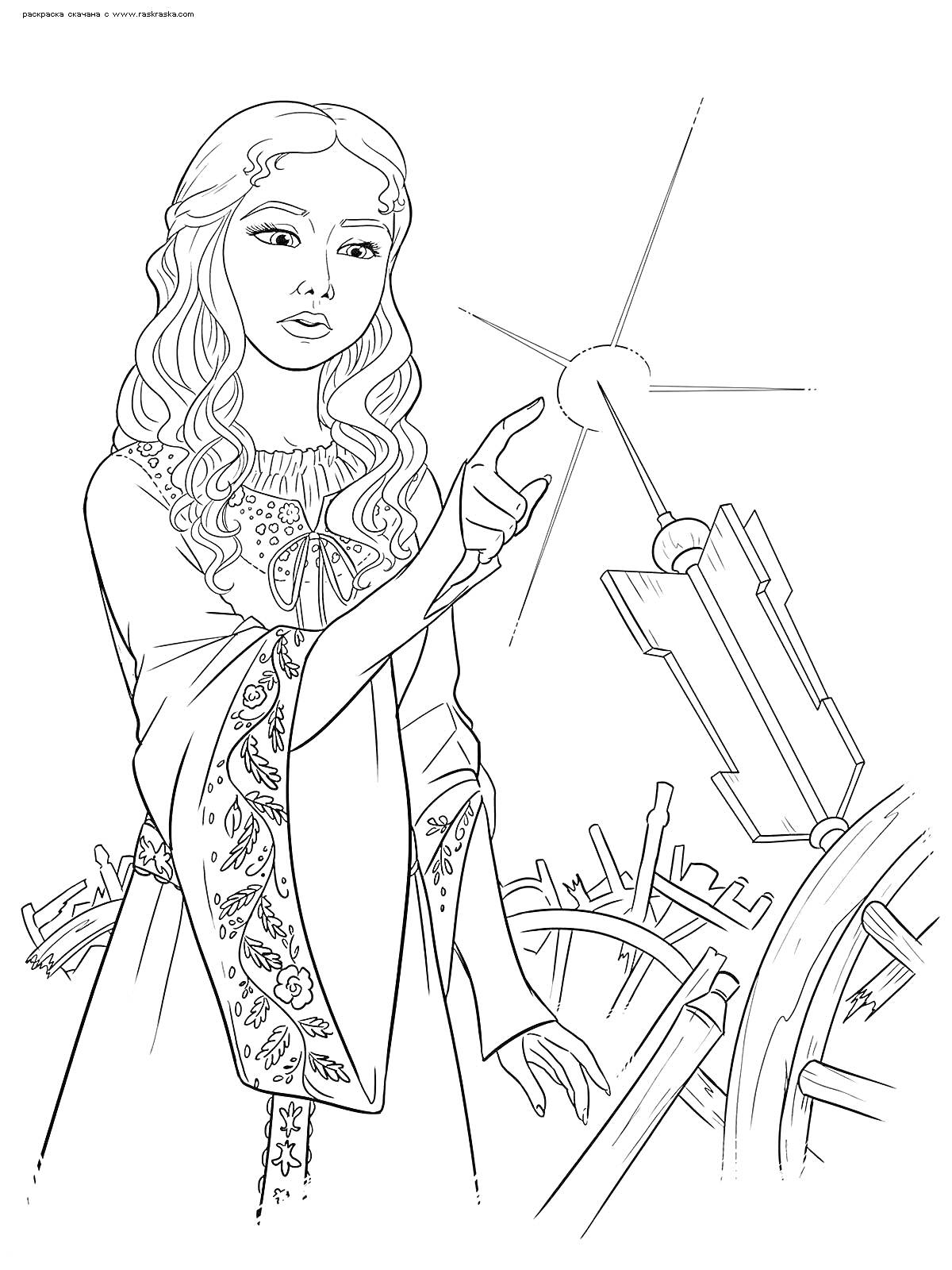 Девушка с длинными распущенными волосами в длинном платье у прялки, касающаяся веретена