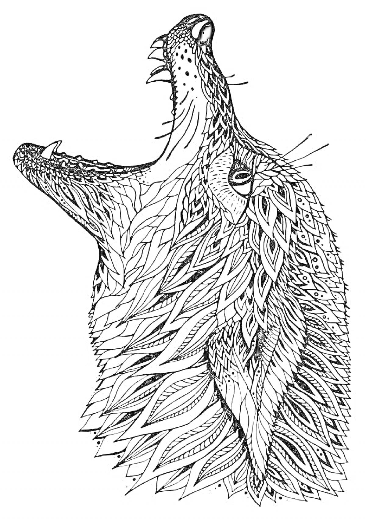 Раскраска Антистресс раскраска волк с узорами в виде листьев и перьев