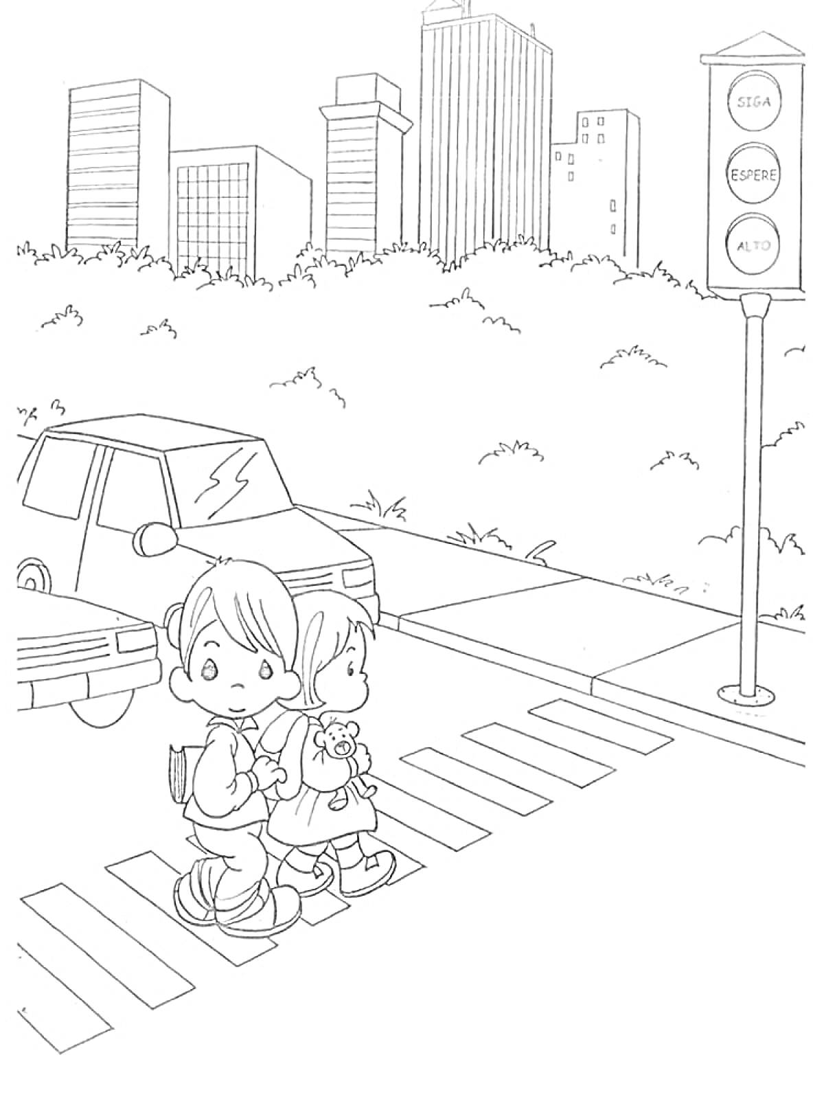 Раскраска Дети переходят дорогу на пешеходном переходе со светофором в городском фоне
