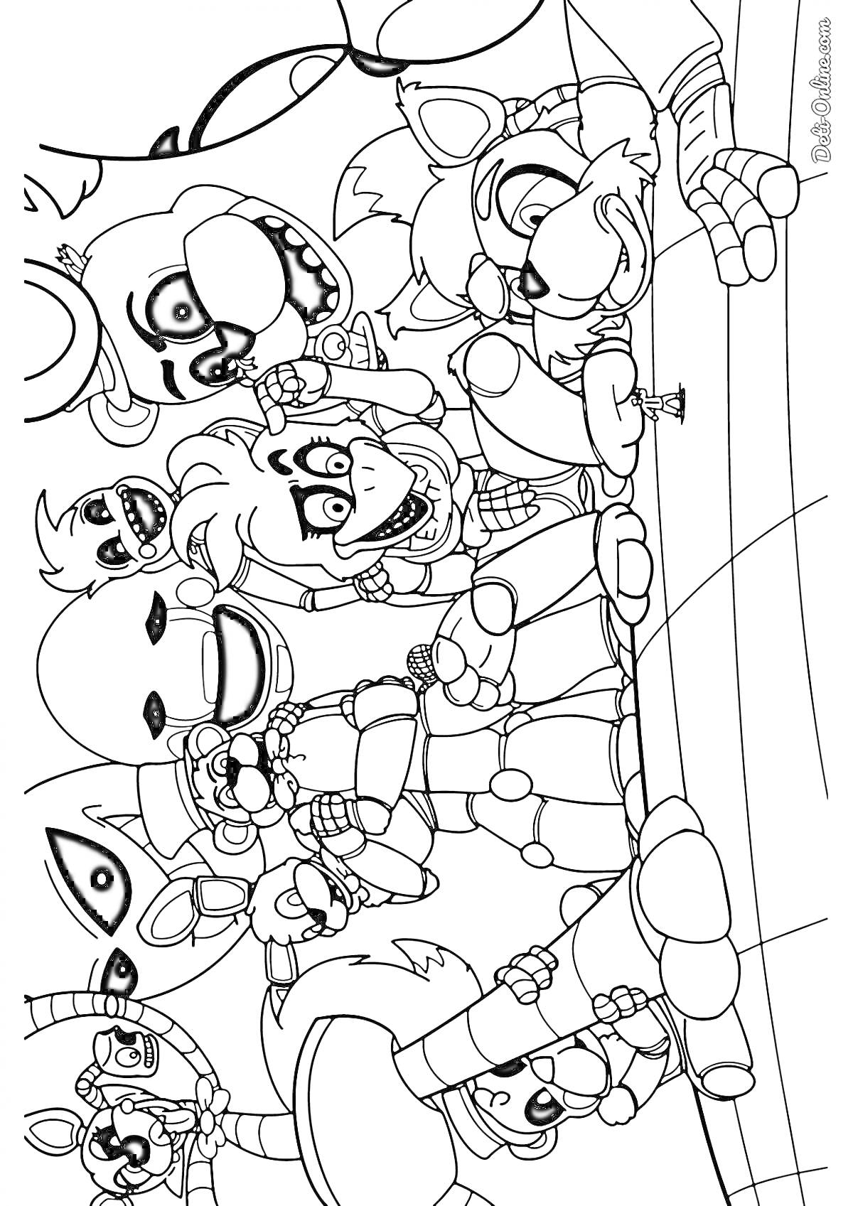 Раскраска Персонажи FNAF 9, множество аниматроников в активной позе