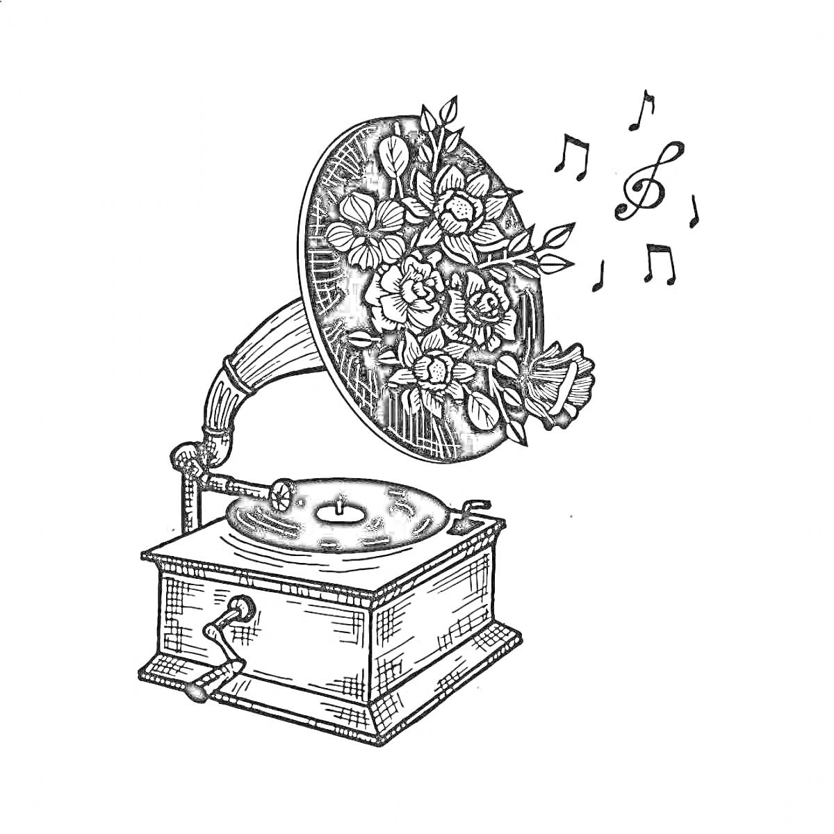 Раскраска Музыкальная шкатулка со старинным граммофоном, украшенным цветами и нотами