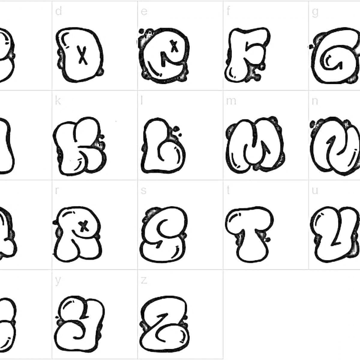 Раскраска Граффити алфавит с буквами от A до Z в черном контуре