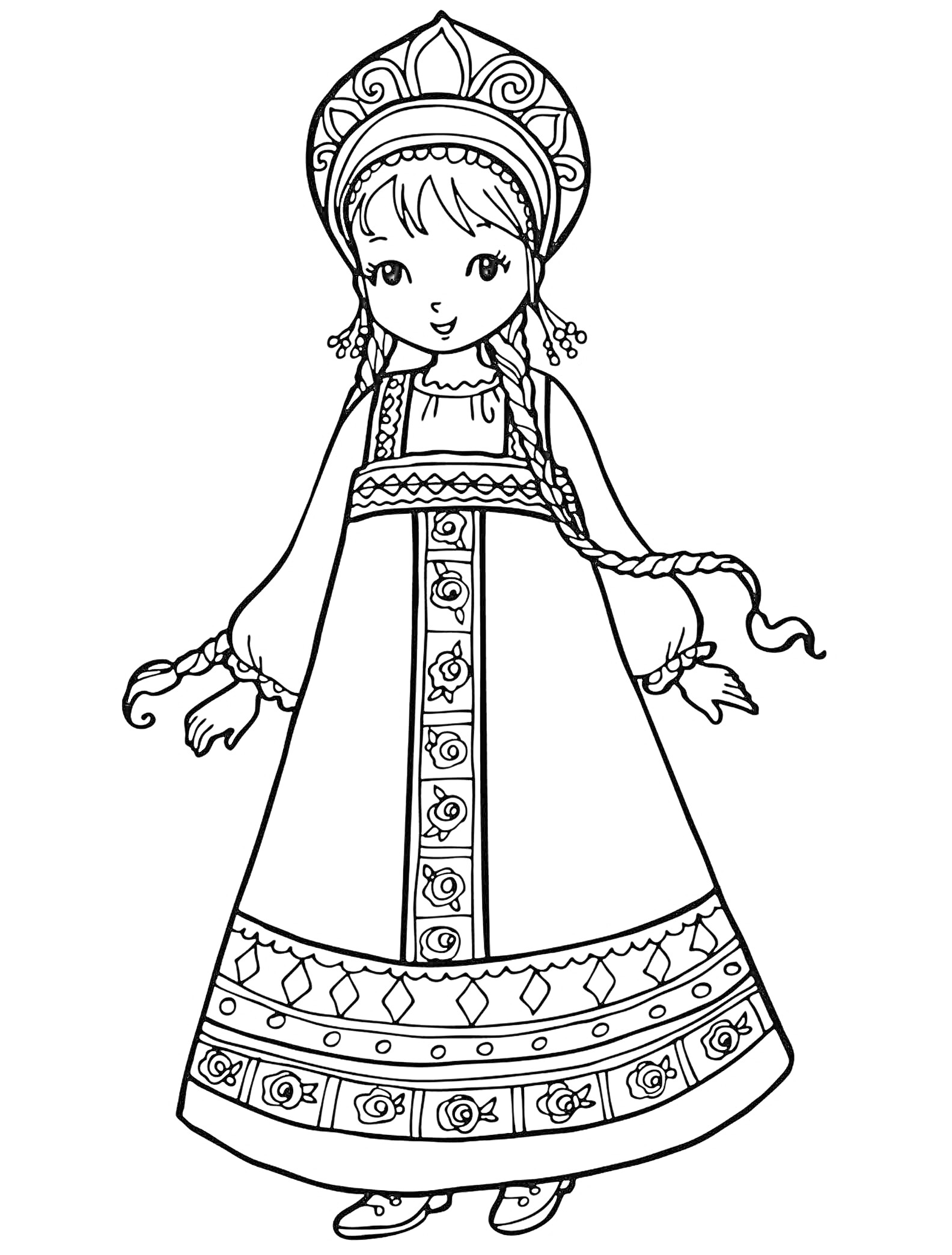 Раскраска Кукла в традиционной народной одежде с кокошником, платьем с орнаментом и косичками