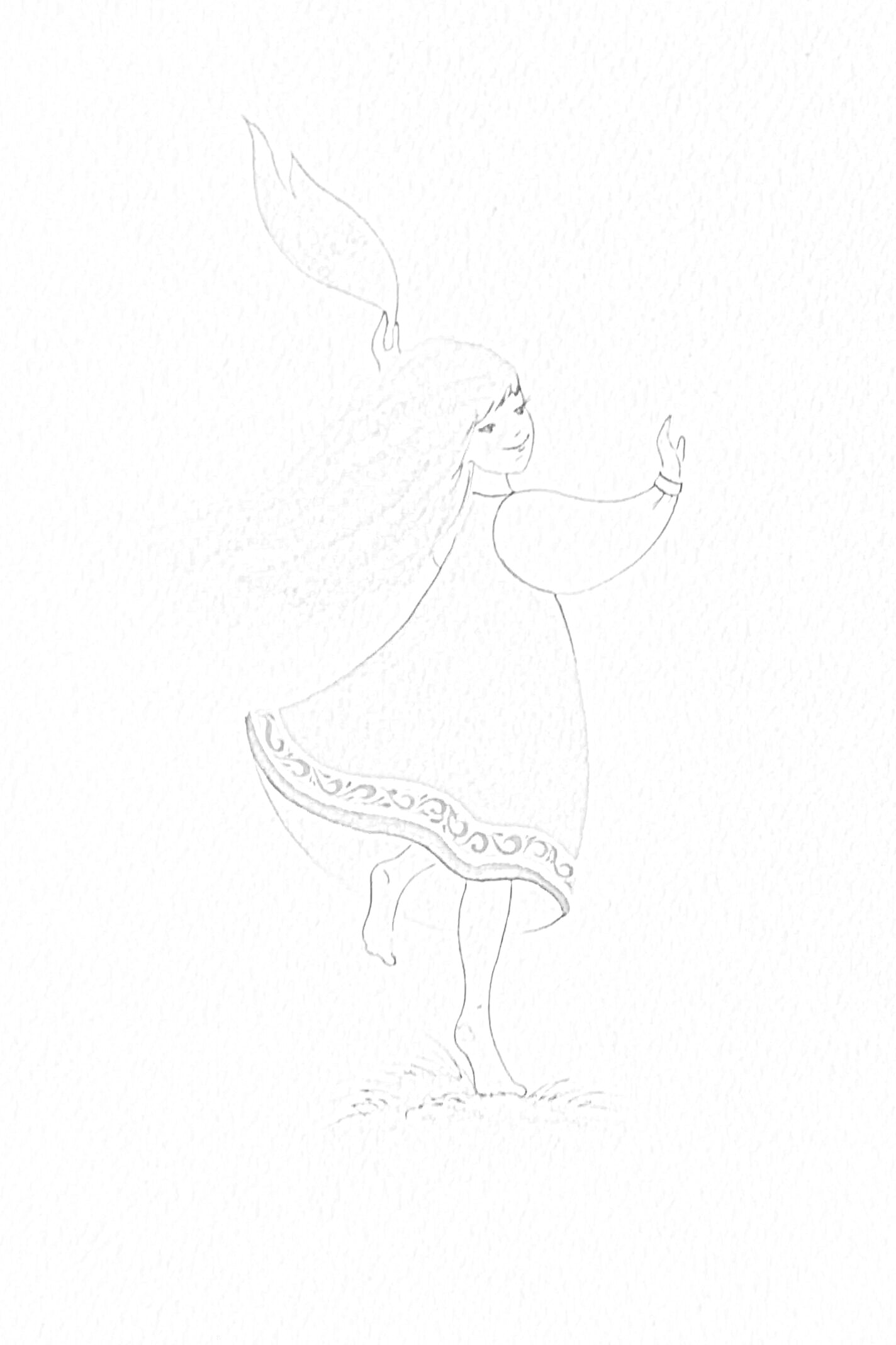 На раскраске изображено: Огневушка-поскакушка, Бажов, Девочка, Платье, Ткань, Танец, Трава, Длинные волосы