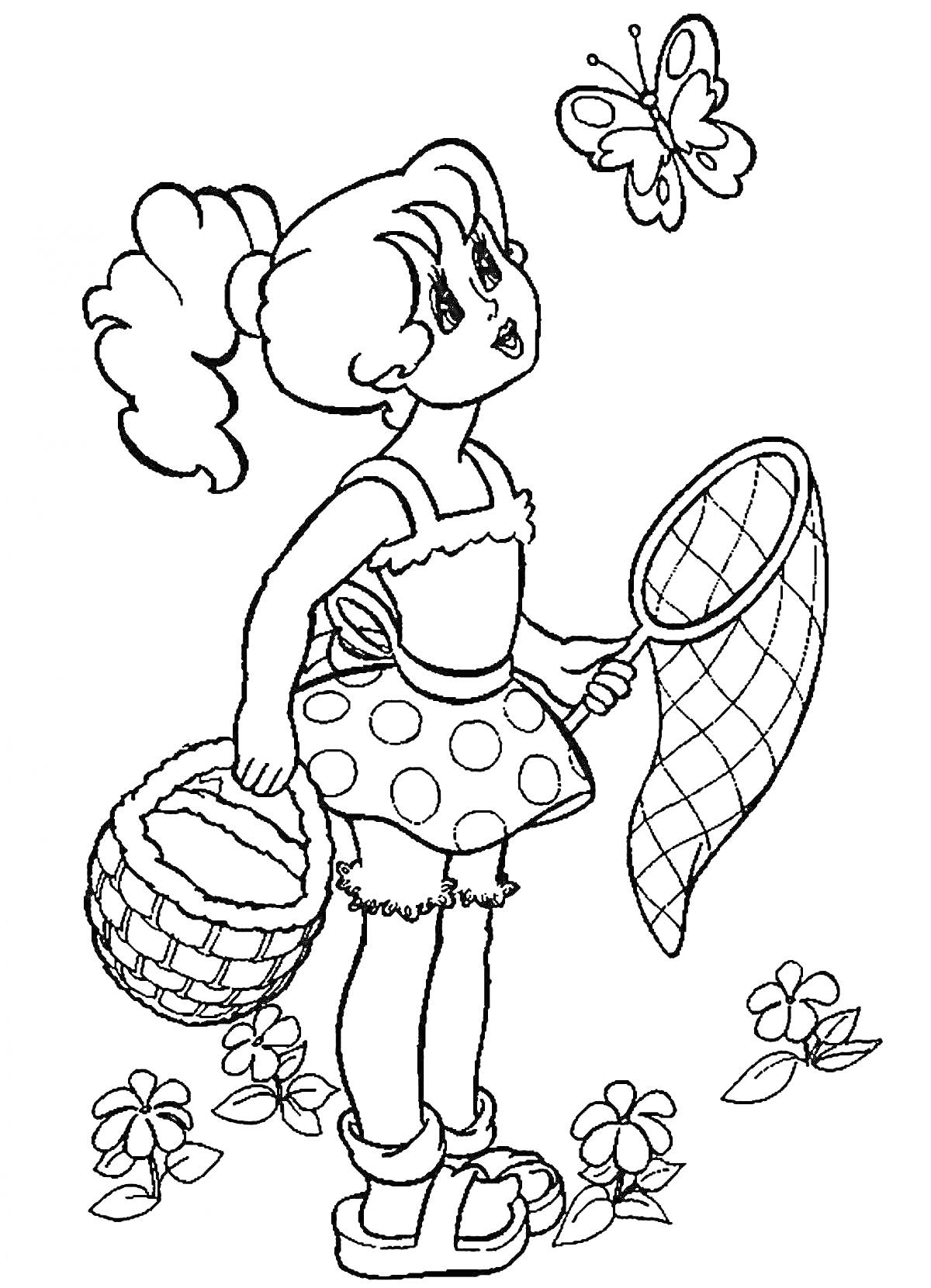 Раскраска Девочка с корзинкой и сачком для ловли бабочек, стоящая среди цветов и смотрящая на бабочку