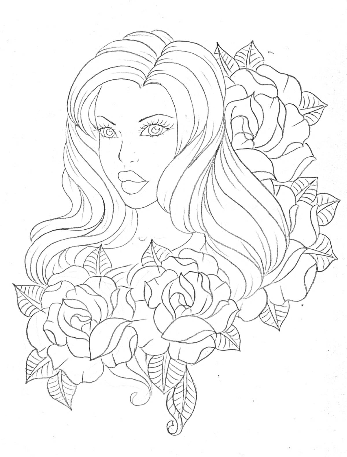На раскраске изображено: Длинные волосы, Розы, Цветы, Для девочек, 12 лет, Контурные рисунки