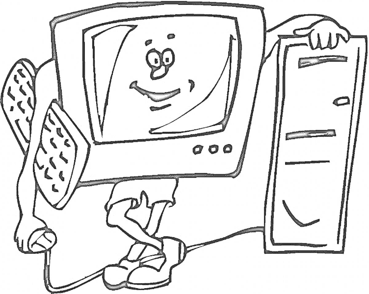 Раскраска Компьютер с телом монитора, держащий мышь в одной руке и системный блок в другой