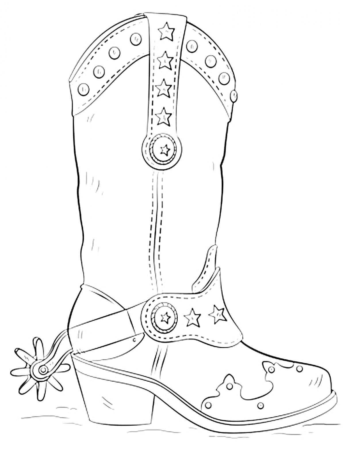 Раскраска Ковбойский сапог со звездочками, пряжками и шпорой
