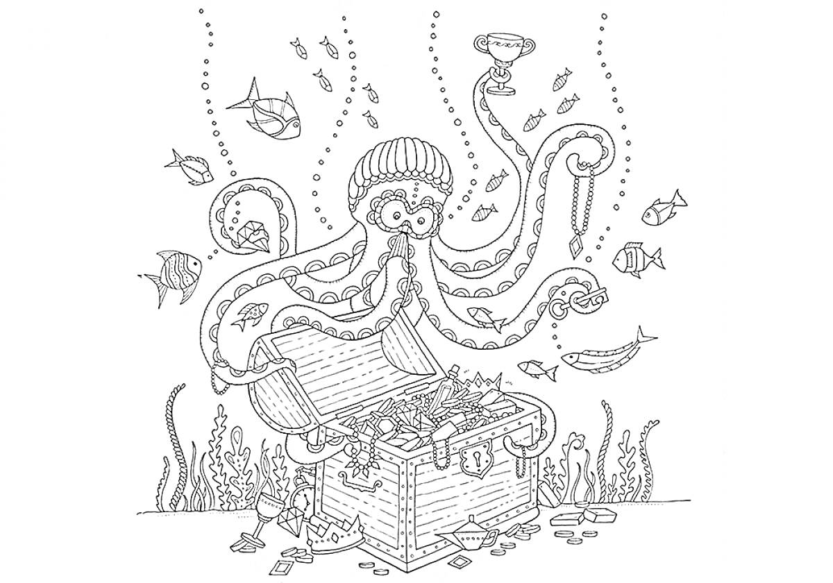 Раскраска Осьминог с сундуком сокровищ под водой, окружённый рыбами, водорослями и пузырьками