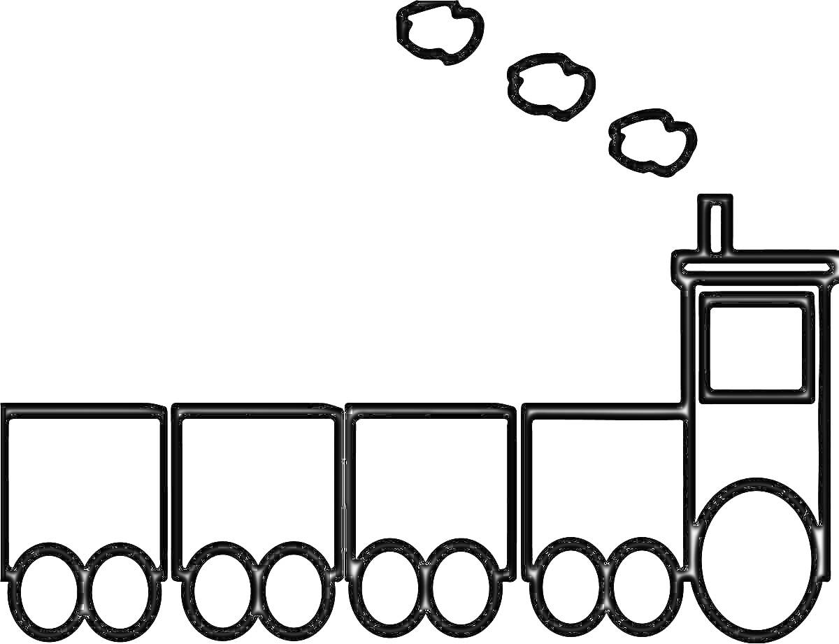 На раскраске изображено: Поезд, Без колес, Вагоны, Труба, Дым, Облака, Транспорт
