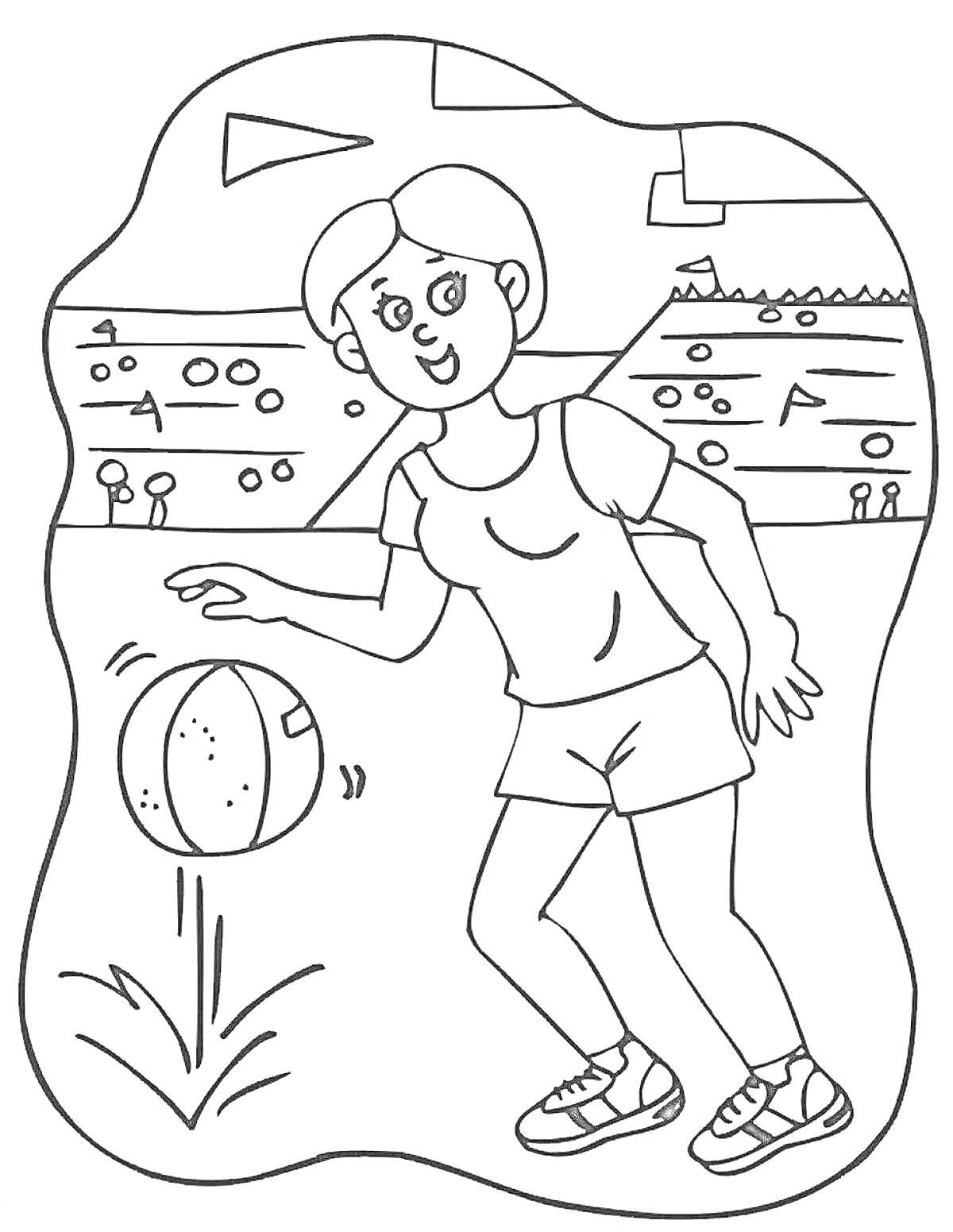 На раскраске изображено: Девочка, Игра, Спорт, Здоровье, Спортивная площадка, Активность, Развлечения