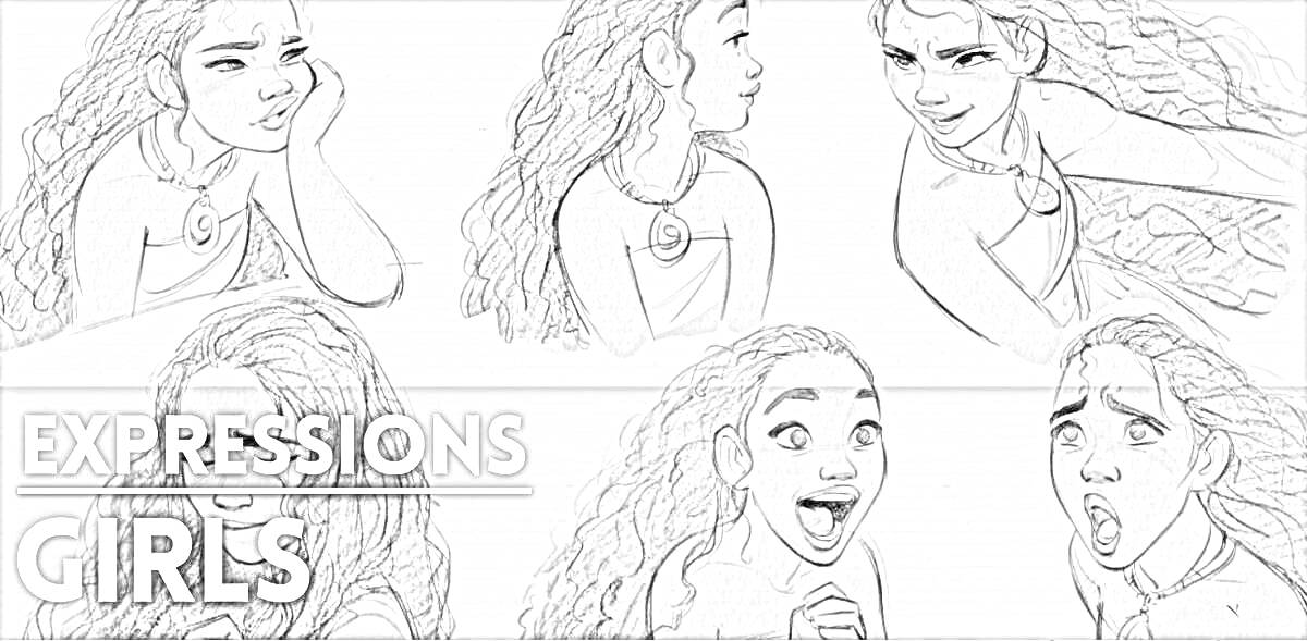 Раскраска Различные эмоции девочки с длинными волосами в разных позах и выражениях лица