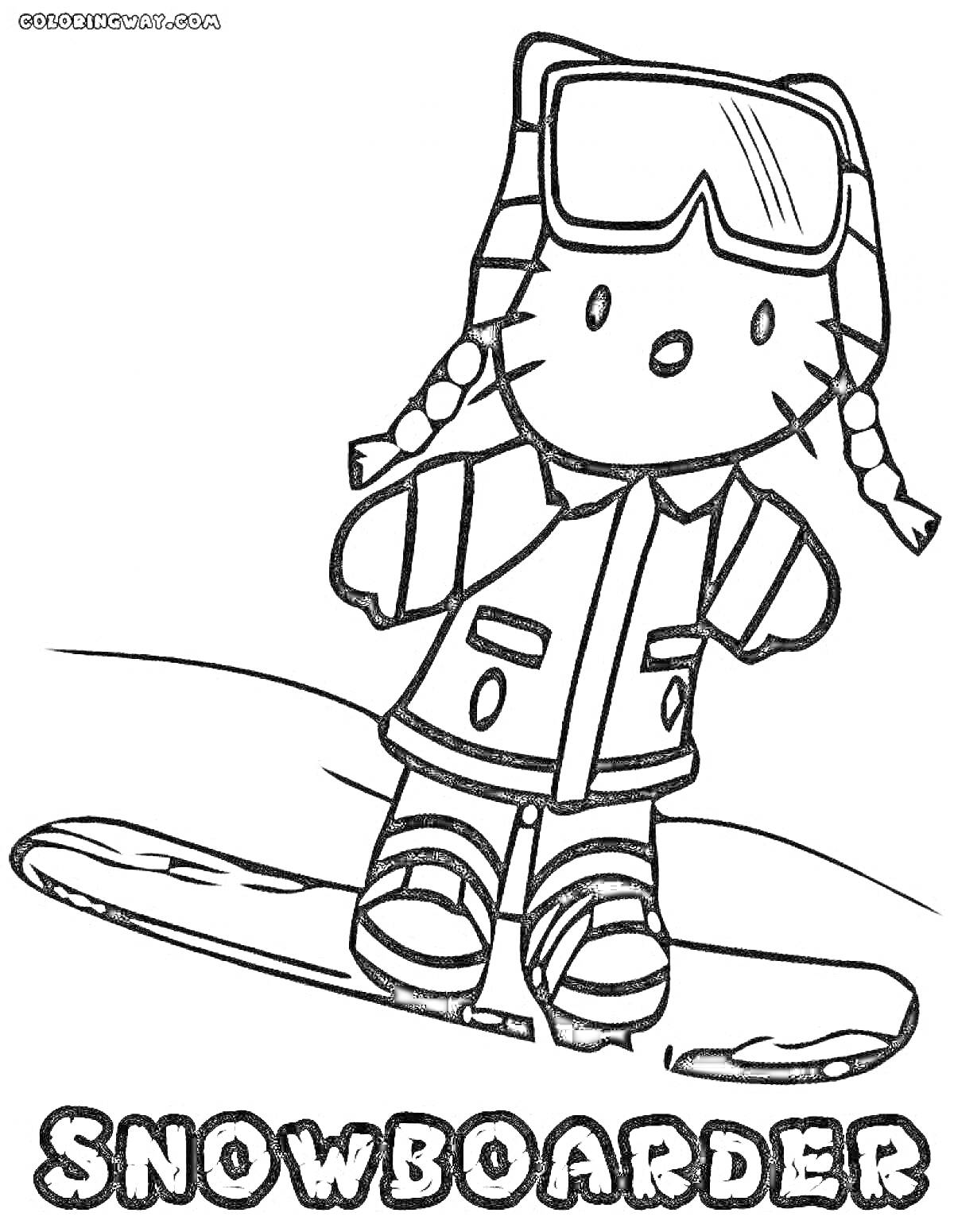 На раскраске изображено: Сноубордист, Зимние виды спорта, Персонаж, Зимняя куртка, Сноуборд, Снег